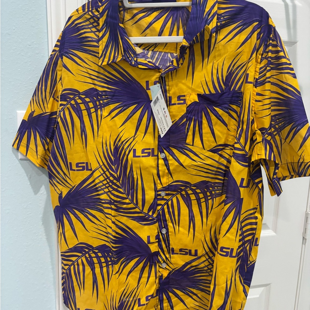 LSU Yellow and Purple Palm Print Men's Casual Shirt